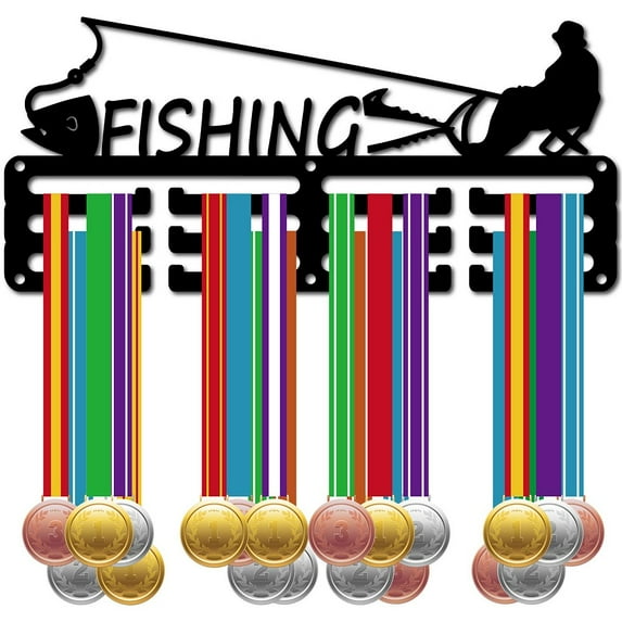 Sports Theme Iron Medal Hanger Holder Display Wall Rack 3-Line with Screws Fishing Sports 130x290mm Hole: 5mm