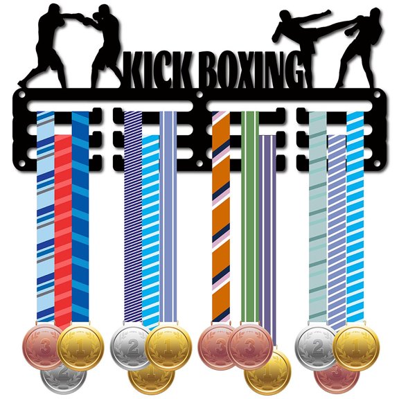 Sports Theme Iron Medal Hanger Holder Display Wall Rack 3-Line with Screws Kick Boxing Word 130x290mm Hole: 5mm