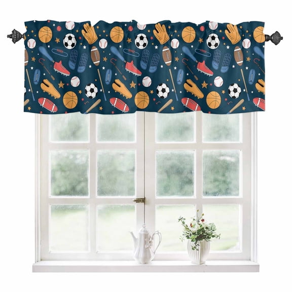Sports Theme Kitchen Valances for Windows 42x18 Inch Kitchen Curtains Valances Rod Pocket Cartoon Soccer Baseball Basketball Star Blue Bathroom Window Valances for Window Treatment Decor