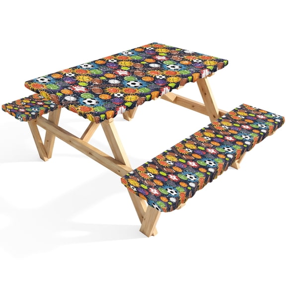 Sports Theme Picnic Table Cover with Bench Covers Basketball Rugby Baseball Football Waterproof Fitted Picnic Tablecloth 3 Pieces Set Table Cloth for Outdoor Camping Garden BBQ