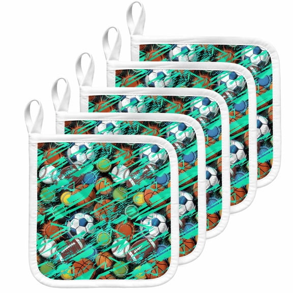 Sports Theme Pot Holders for Kitchen Heatproof Potholder, 5 Pack Funny Abstract Football Rugby Basketball Hot Pads Multipurpose Oven Pads Cloth Potholders Trivet for Cooking Baking
