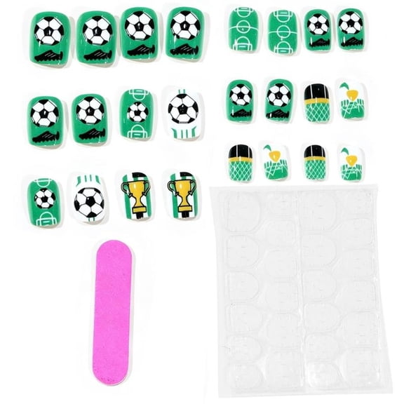 Sports Theme Press On Nail 24 Piece False Nail Set, Soccer Ball and Field Line Artwork with 12 Inclusive Sizes for Daily and Photo Styling