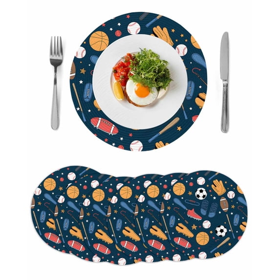 Sports Theme Round 15 Inch Placemats Set of 6, Cartoon Soccer Baseball Basketball Star Blue HeatResistant Non Slip Place Mats for Dining Table, Wipeable Braided Kitchen Table Mats for Housewarming