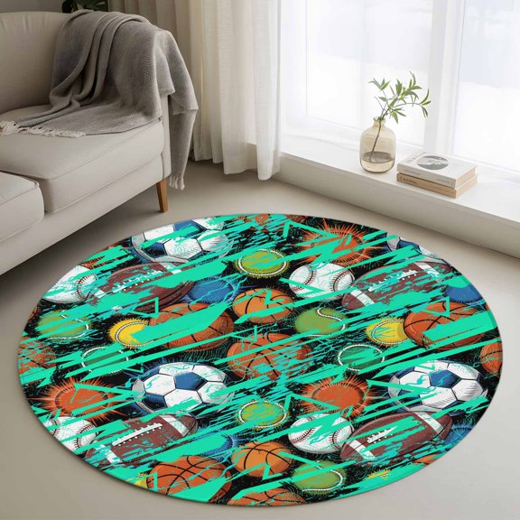 Sports Theme Round Area Rug 3.3 FT, Non Slip Small Entryway Kitchen Mat, Funny Abstract Football Rugby Basketball Washable Soft Circular Rug Non-Shedding Door Mat for Bathroom Playroom Kids Room