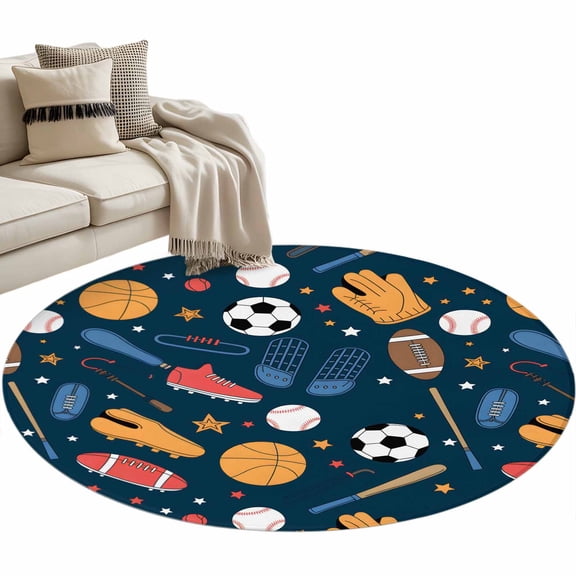Sports Theme Round Area Rug 4ft, Cartoon Soccer Baseball Basketball Star Blue Washable Non-Slip Circle Rugs for Bedroom Living Room Kitchen, Soft Non Shedding Circle Carpet for Dining Room Dorm