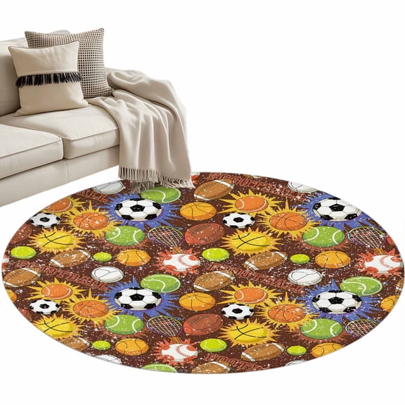 Sports Theme Round Area&nbsp;Rug 3.3ft Football Basketball Rugby Baseball Non-Slip&nbsp;Washable Circle Rugs Soft Felt Indoor Floor Mat for Bedroom Kitchen Living Room Bathroom