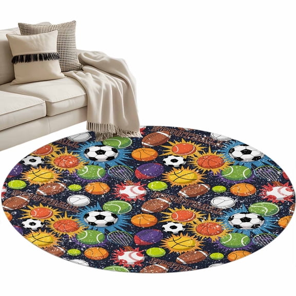 Sports Theme Round Area&nbsp;Rug 3ft Basketball Rugby Baseball Football Non-Slip&nbsp;Washable Circle Rugs Soft Felt Indoor Floor Mat for Bedroom Kitchen Living Room Bathroom
