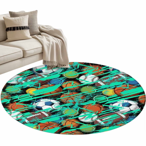 Sports Theme Round Area&nbsp;Rug 4ft Abstract Football Rugby Basketball Non-Slip&nbsp;Washable Circle Rugs Soft Felt Indoor Floor Mat for Bedroom Kitchen Living Room Bathroom