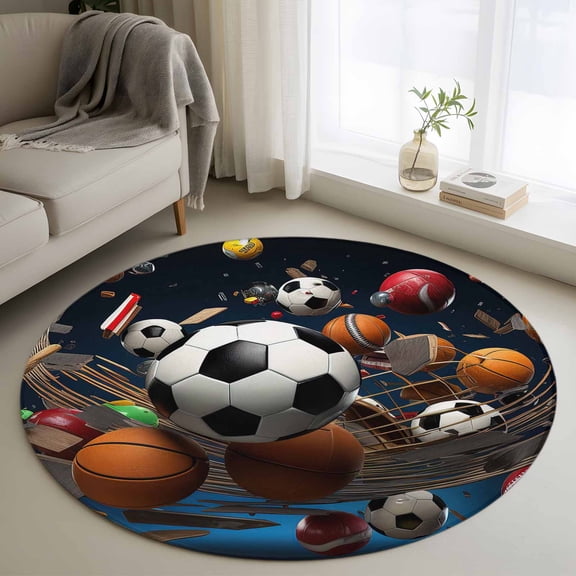 Sports Theme Round Rugs for Living Room 4ft Football Basketball Baseball Rugby Non Slip Circle Rug Washable Low-Profile Indoor Carpet for Bedroom, Dining Room, Bathroom