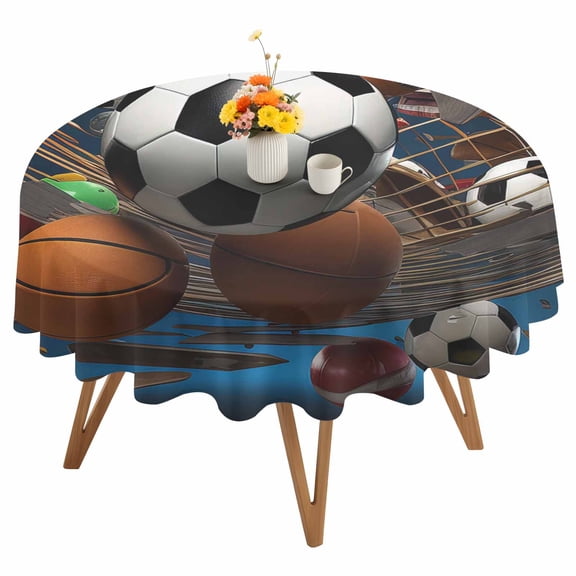 Sports Theme Round Tablecloth 54 inches Football Basketball Baseball Rugby Waterproof Oil-Proof Table Cloth Round Table Cover for Holiday Party Picnic Dinner Decor Indoor and Outdoor Use
