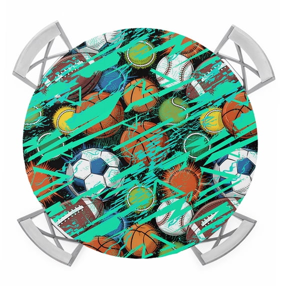 Sports Theme Round Tablecloth for 55-60 Inch Tables,Fitted Table Cover with Elastic Edge,Funny Abstract Football Rugby Basketball Waterproof Outdoor Table Cloth Protector for Patio Garden Dinner
