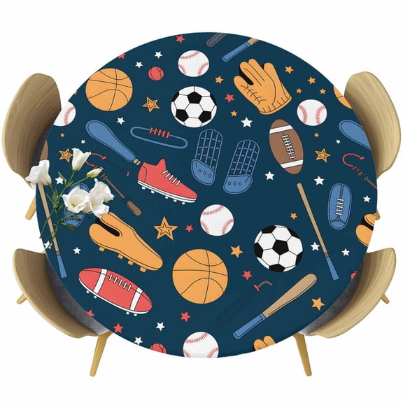 Sports Theme Round Tablecloth, Fitted Table Cover with Elastic for 55"-60" Round Tables, Cartoon Soccer Baseball Basketball Star Blue Table Cloth Outdoor Indoor Dinning Party Waterproof Tablecloths
