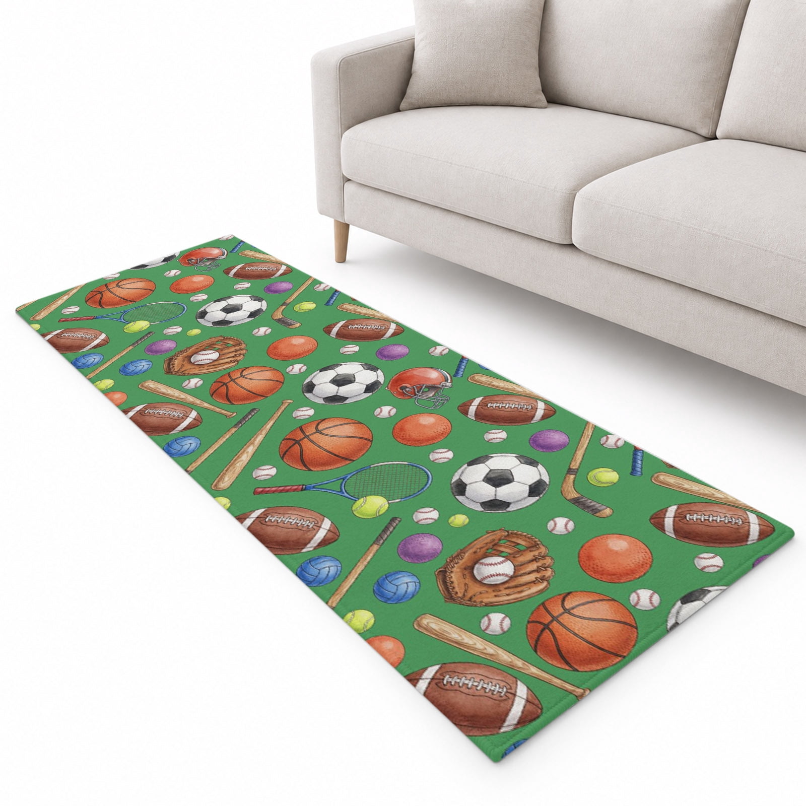 Sports Theme Runner Rug 2.6'x8', Basketball Football Baseball Rugby ...