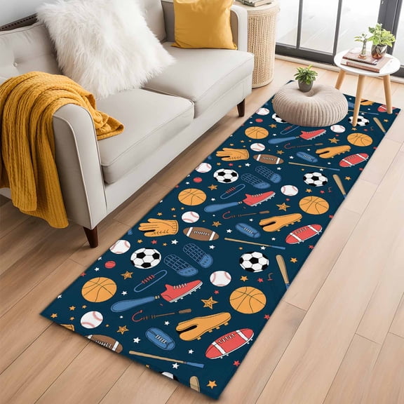 Sports Theme Runner Rug 2x6 FT,Non Slip Hallway Rugs,Cartoon Soccer Baseball Basketball Star Blue Washable Soft Floor Carpet Throw Runner Carpet Long Rugs for Entryway Kitchen Bedside Sliding Door