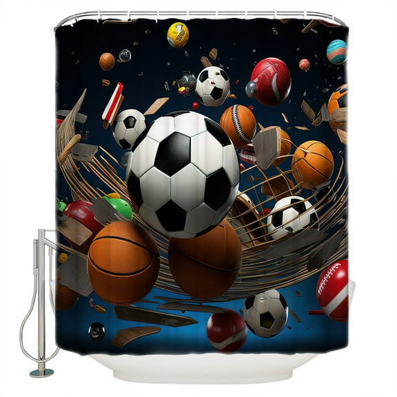 Sports Theme Shower Curtain, 66" x 72", Football Basketball Baseball Rugby Waterproof Bathroom Curtain Washable Shower Curtain Set with 12 Hooks