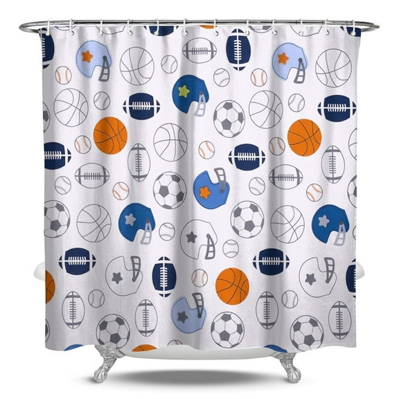 Sports Theme Shower Curtain for Bathroom - Baseball Football Soccer Basketball Print Waterproof Quick Dry Bath Curtain with Hooks 84x72 Inches