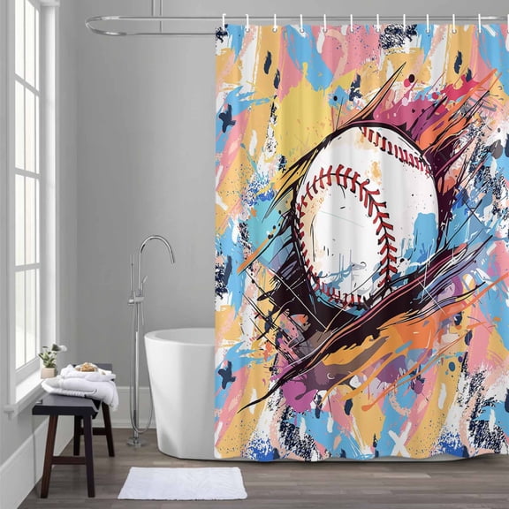 Sports Theme Shower Curtain for Bathroom Decor, Baseball Colorful Graffiti Waterproof Fabric Shower Curtain, 60"x72" Set with 12 Hooks