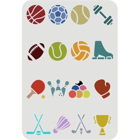 Sports Theme Stencil Template 29.7x21cm Various Balls Dumbbells Ice Skating Boxing Trophies Drawing Reusable Painting Stencils for DIY Art and Craft Sports Meet Game Poster Decor