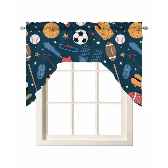 Sports Theme Swag Valances for Windows, Small Curtains Drapes, Cartoon Soccer Baseball Basketball Star Blue Kitchen Window Curtains Over Sink Window Treatment Valance for Bedroom/Bathroom 56"x36"
