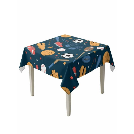 Sports Theme Table Cloth, Cartoon Soccer Baseball Basketball Star Blue Waterproof Tablecloth for Square Tables, Reusable Washable Fabric Table Cover for Restaurant Kitchen Dining Tables 60"x60"