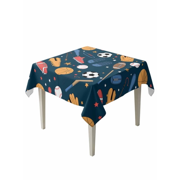 Sports Theme Table Cloth, Cartoon Soccer Baseball Basketball Star Blue Waterproof Tablecloth for Square Tables, Reusable Washable Fabric Table Cover for Restaurant Kitchen Dining Tables 54"x54"