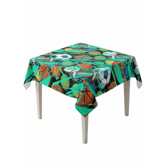 Sports Theme Table Cloth, Funny Abstract Football Rugby Basketball Waterproof Tablecloth for Square Tables, Reusable Washable Fabric Table Cover for Restaurant Kitchen Dining Tables 54"x54"