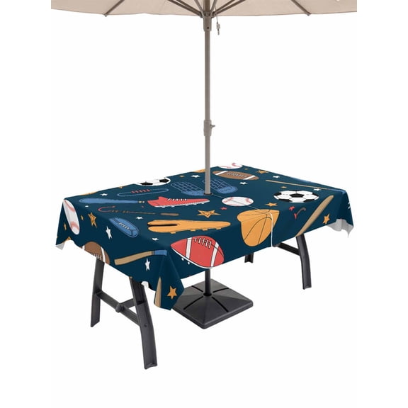 Sports Theme Table Cloth Rectangle Outdoor Tablecloth, Cartoon Soccer Baseball Basketball Star Blue Waterproof Table Cover with Umbrella Hole and Zipper for Party/Dining/Patio/Wedding 60x102 Inch
