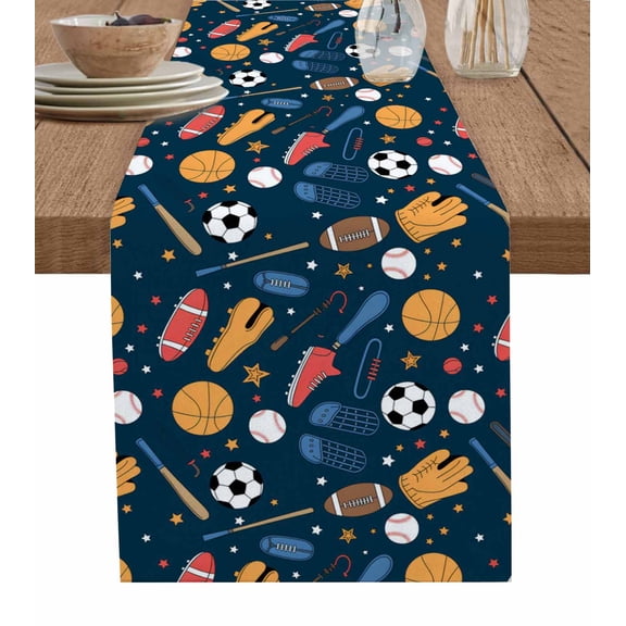 Sports Theme Table Runner 48 Inches, Cartoon Soccer Baseball Basketball Star Blue Bed Runner Dresser Scarves Tabletop for Indoor Outdoor Parties/Ceremony/Banquet, 13" x 48"