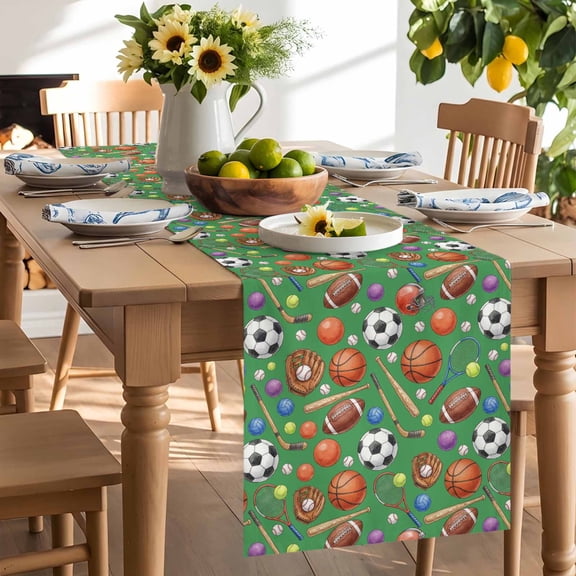 Sports Theme Table Runner, Basketball Football Baseball Rugby Green Style Washable Kitchen Table Runners Dress Scarves for Dining Table Decorations Party/Restaurant/Indoor Outdoor Use, 13x60in