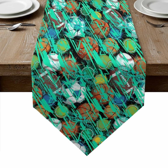Sports Theme Table Runner Linen Burlap Table Runner 36 Inches Small Funny Abstract Football Rugby Basketball Dresser Scarves for Kitchen Island Coffee Dining Room Party Wedding Holiday Decor 13"x36"