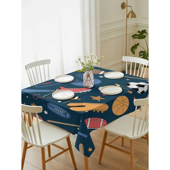 Sports Theme Tablecloth Rectangle Table Cloth 60x84, Waterproof Tablecloth Outdoor Table Cloth, Cartoon Soccer Baseball Basketball Star Blue Washable Table Cover for Kitchen Dinning Party