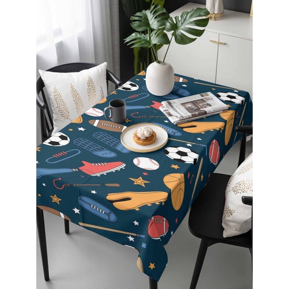 Sports Theme Tablecloth Rectangle Table Cloths 54x108, Waterproof Tablecloth Outdoor Table Cloth, Cartoon Soccer Baseball Basketball Star Blue Washable Table Cover for Kitchen Dinning Party
