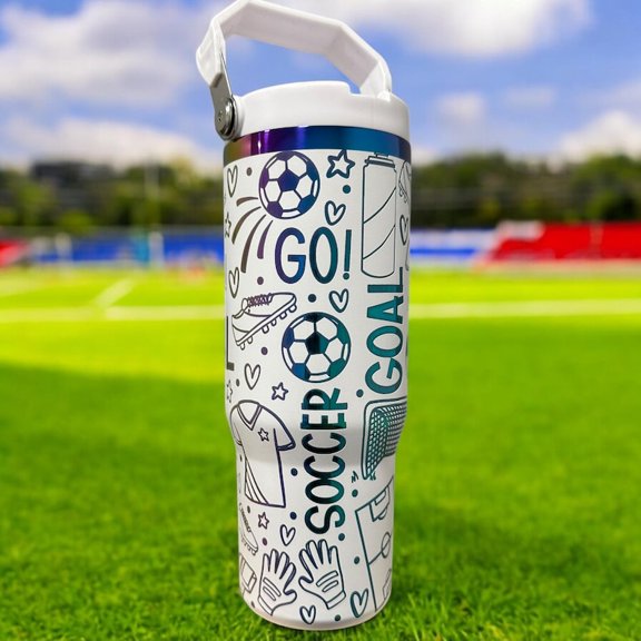 Sports Theme Tumbler, Soccer and Tennis Drinkware, Athletic Design Travel Mug with Handle, Active Lifestyle Gift Idea, Tumbler 40oz