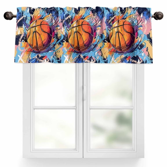 Sports Theme Valances for Windows, 42 x 18in, Basketball Colorful Graffiti Rod Pocket Kitchen Valance Curtain Light Filtering Window Treatments for Living Room Bedroom, 1 Panel