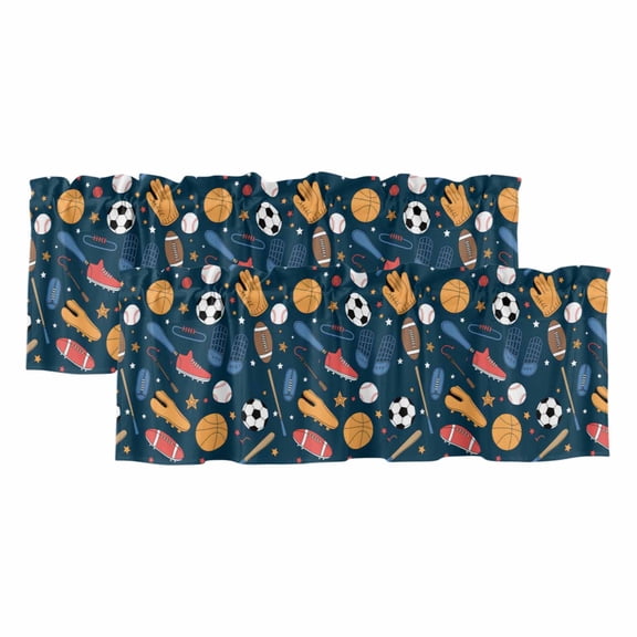 Sports Theme Valances for Windows, Cartoon Soccer Baseball Basketball Star Blue Light Filtering Kitchen Curtains, Rod Pocket Window Valance Curtains for Living Room Bedroom, 54" W x 18" L, 2 Panels