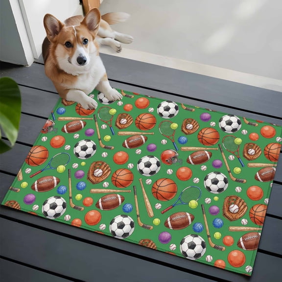 Sports Theme Washable Entry Rug 2x3 Basketball Football Baseball Rugby Green Style Low Pile Indoor Door Mat with Rubber Backing Thin Area Rug for for Entrance, Bedroom, Kitchen, Laundry, Bathroom