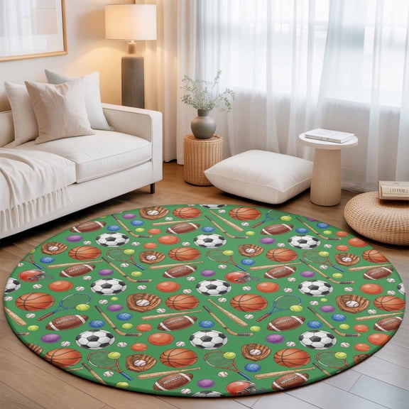 Sports Theme Washable Round Area Rug 4 ft, Basketball Football Baseball Rugby Green Style, Soft Non Slip Rugs Stain Repellent Indoor Felt Carpet for Living Dining Room Bedroom Home Office