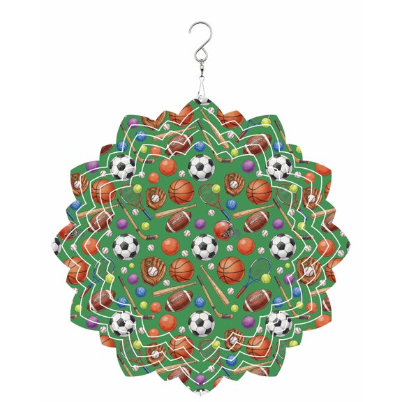 Sports Theme Wind Spinner for Garden Yard 8In, Basketball Football Baseball Rugby Green Style 3D Stainless Steel Kinetic Hanging Wind Spinners Rustproof Outdoor Decor for Lawn Patio Home