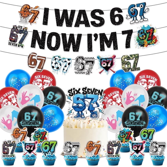 Sports-Themed "67" Birthday Party Decorations Kit - Includes Banners, Cake Toppers, Balloons for Baseball, Football, Basketball Celebrations Kit