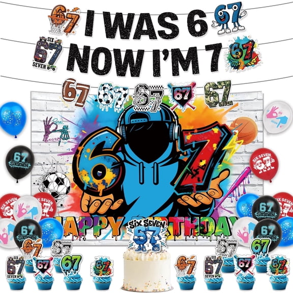 Sports-Themed "67" Birthday Party Decorations Kit - Includes Banners,photo backdrop, Cake Toppers, Balloons for Baseball, Football, Basketball Celebrations Kit