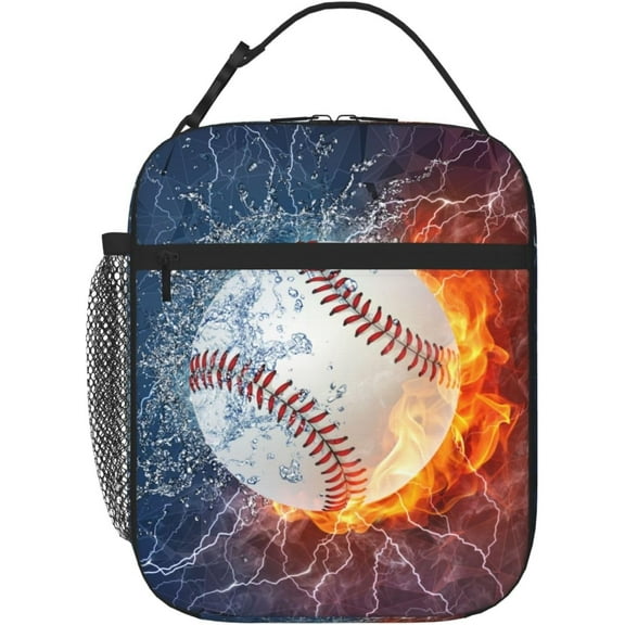 Sports-Themed Baseball Lunch Box for Boys Girls Kids Teens Adults Reusable Insulated Lunch Bag with Fire & Water Printed Ice Packs Containers Tote Handbag