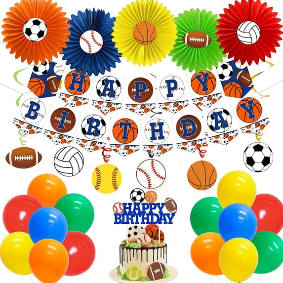 Sports Themed Birthday Party Decorations for Boys, Sports Baseball Football Soccer Basketball Happy Birthday Banner Cake Topper Paper Fans Balloons, All Star Party Supplies