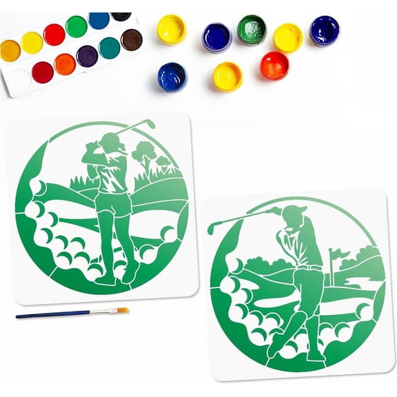 Sports-Themed Golf Course Stencil Kit (2-Piece Set) - 11.8x11.8 Inch Landscape Design Templates with Golfer Silhouette & Flag Motifs for DIY Wood Projects Window Decor