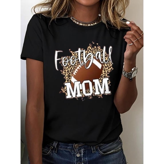 Sports - Themed Graphic Tee, Tops Has Centered "Football MOM" & Football - Leopard Print Design, Round Neck Regular Fit T - shirts, Size(S - 5XL)