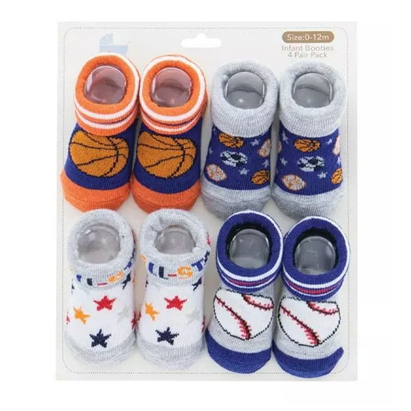 Sports Themed Infant Booties, 4 Of Pack Socks, 0-12 Months