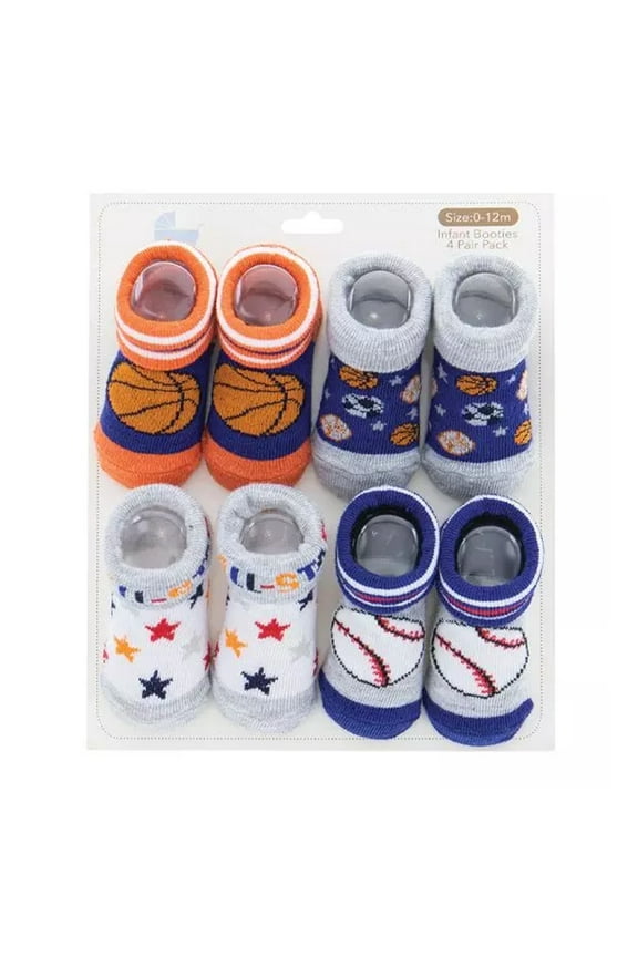 Sports Themed Infant Booties, 4 Of Pack Socks, 0-12 Months