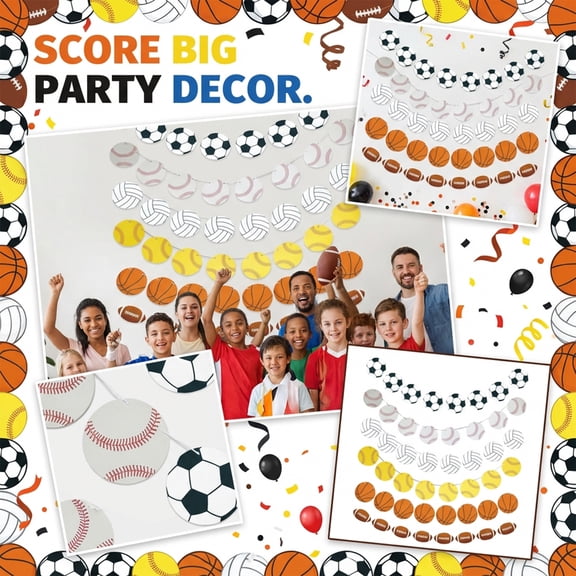 Sports Themed Party Banners, Various Ball Games Hanging Garland for Game Day, Super Bowl, Birthday, Tailgate, Classroom & Man Cave Decorations (4 Count)