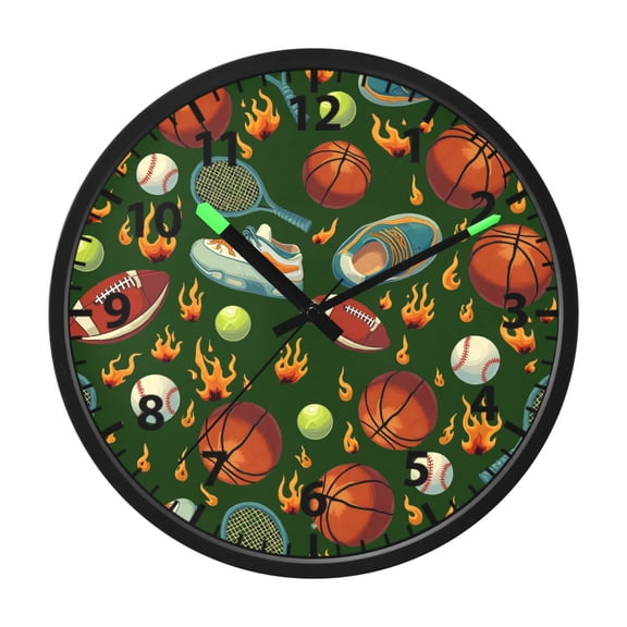 Sports Themed Pattern Wall Clock 12 Inch Voice Activated Night Light Silent Non Ticking
