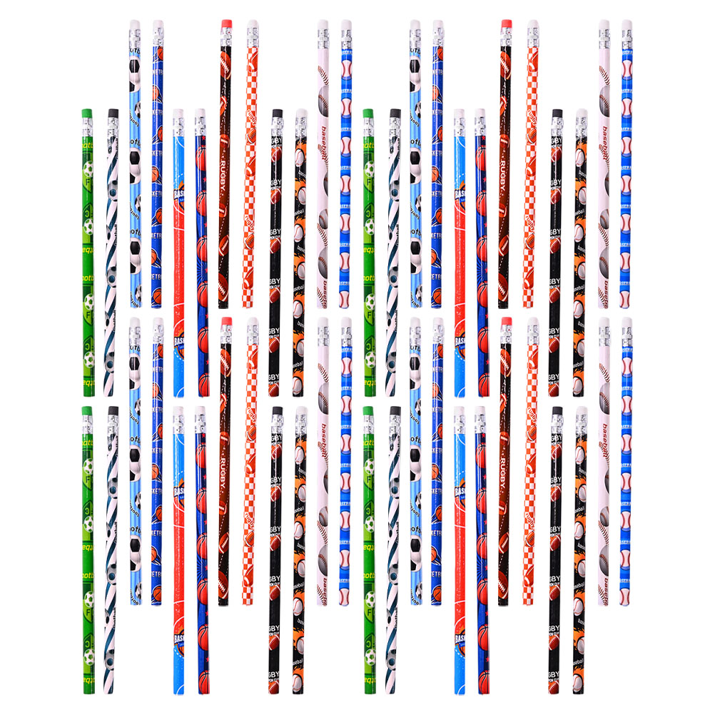 Sports Themed Pencils 48 Pcs School Writing for Kids Eraser Drawing Student Use Wood