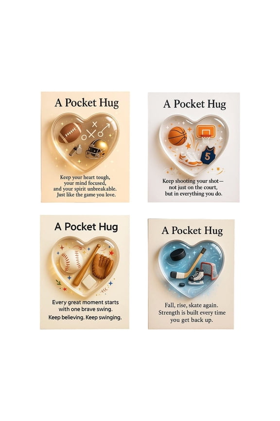 Sports Themed Pocket Hug Collection - Football Golf Baseball Tennis Soccer Ice Hockey Heart Keepsake with Inspirational Gift Card, Emotional Support Encouragement Present